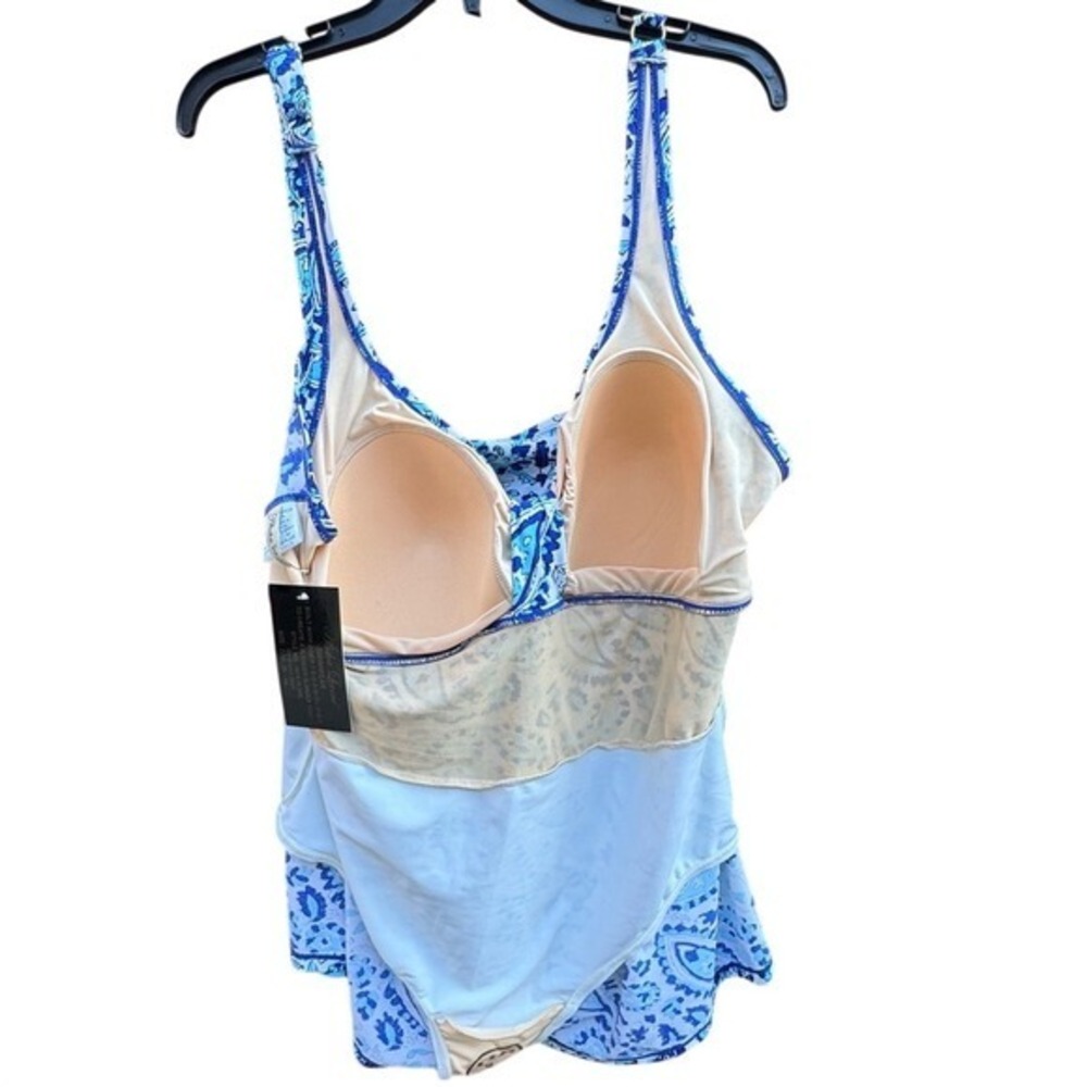 ALISHA LEVINE. NWT.  Blue/ White  Swimsuit. Sz 22W. Ruching in front, flowy hem. - Picture 5 of 10